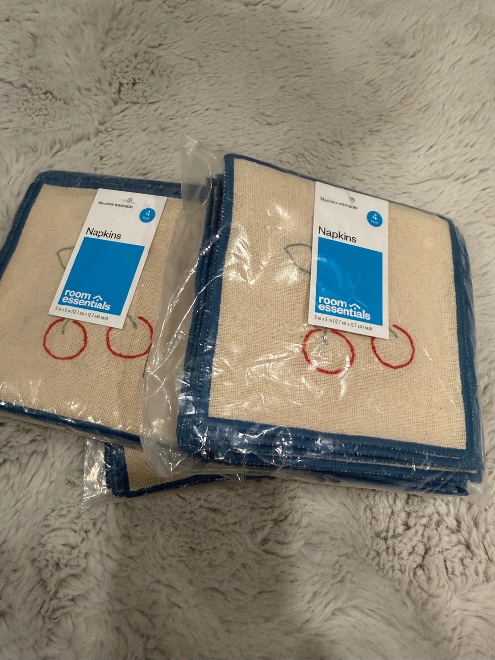 Room Essentials Cream Napkins with Blue Trim and Red Cherry Embroidery 12 pack